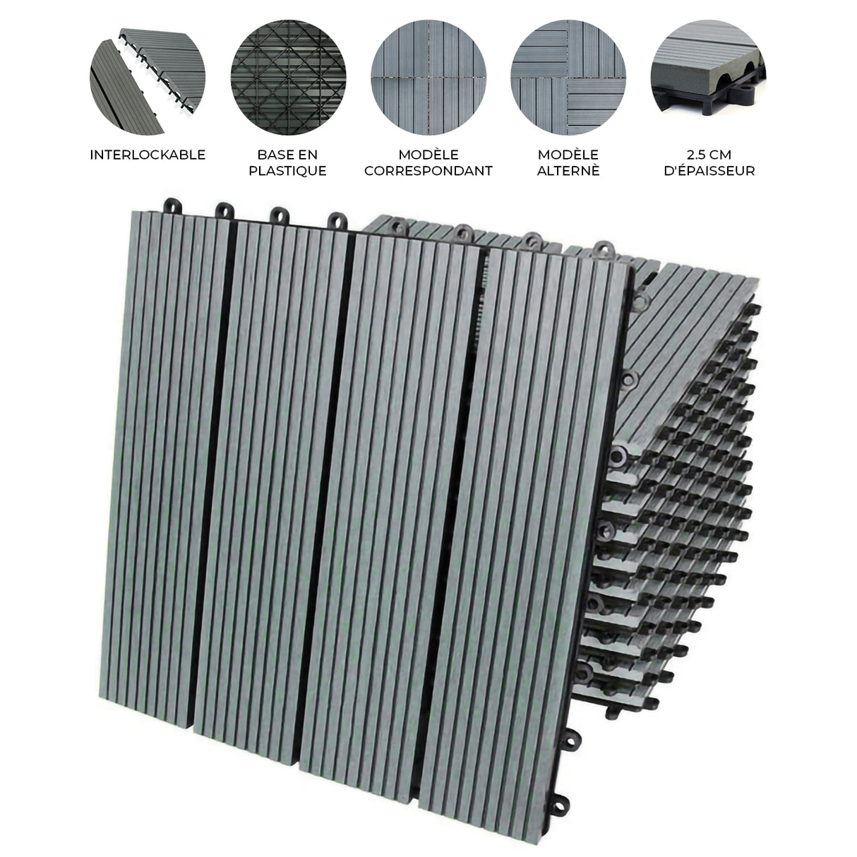 Dalles en bois composite gris de 30 x 30 cm, texture lisse, design interlockable, parfaites pour les espaces extérieurs et intérieurs