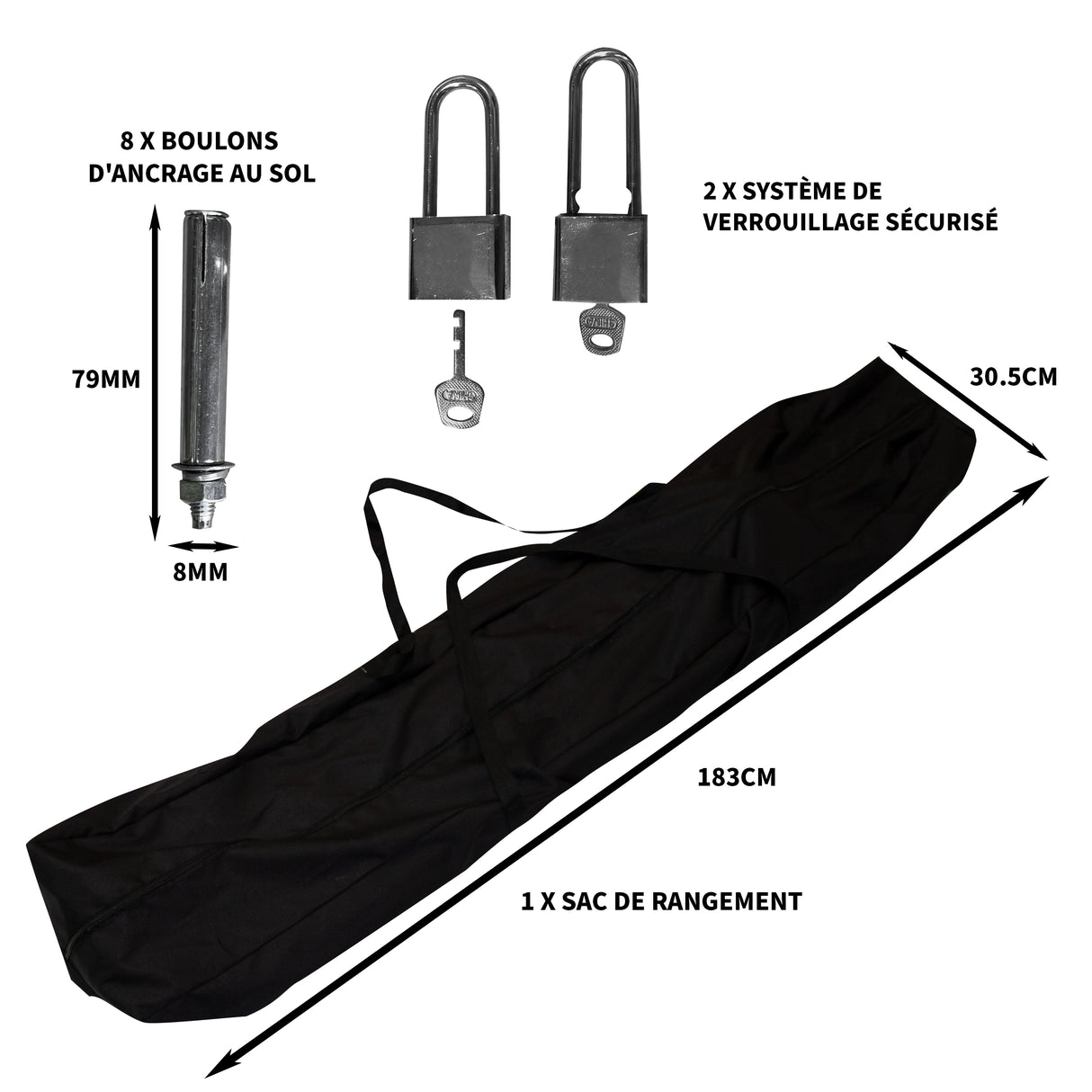 Tente de rangement XL pour moto avec sac noir, boulons d'ancrage, cadenas et clés, idéale pour protéger votre moto des intempéries