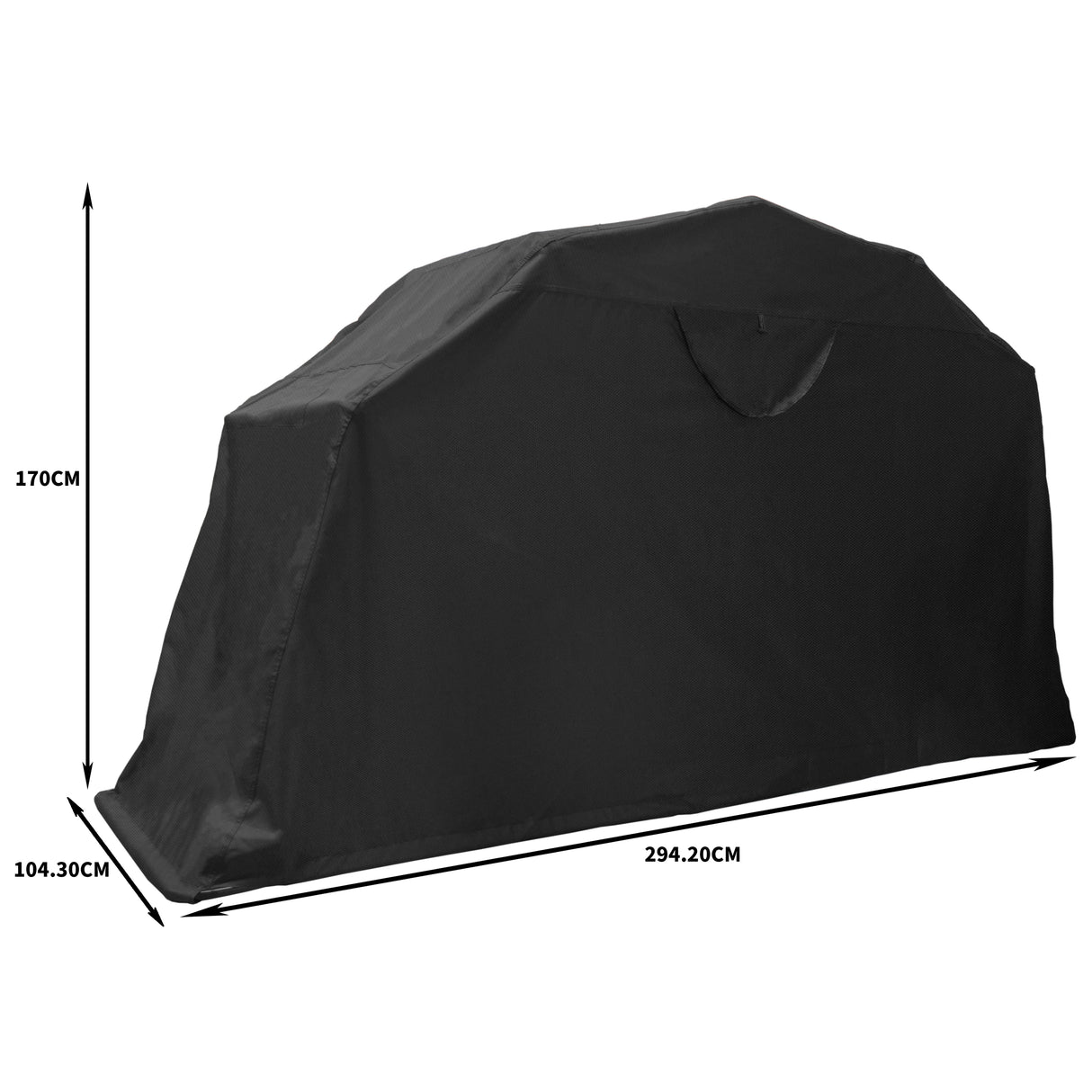 Tente de rangement XL pour moto en tissu noir résistant, dimensions 294,2 cm de long, 170 cm de haut, forme rectangulaire et texture lisse