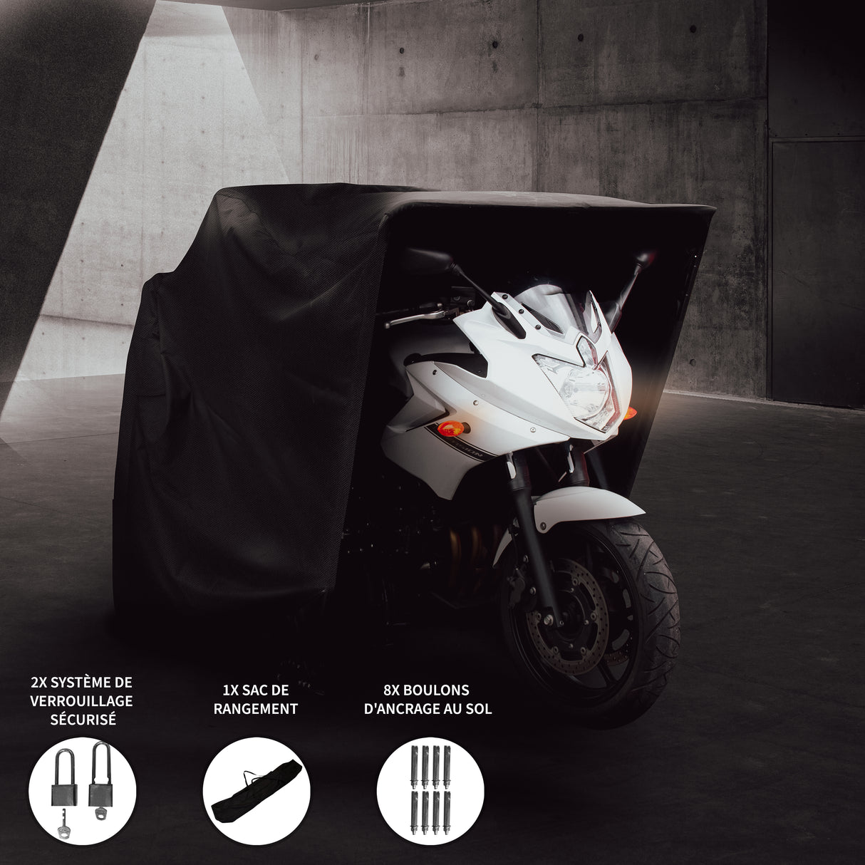 Tente de rangement XL noire pour moto, offrant protection et sécurité avec système de verrouillage et accessoires inclus