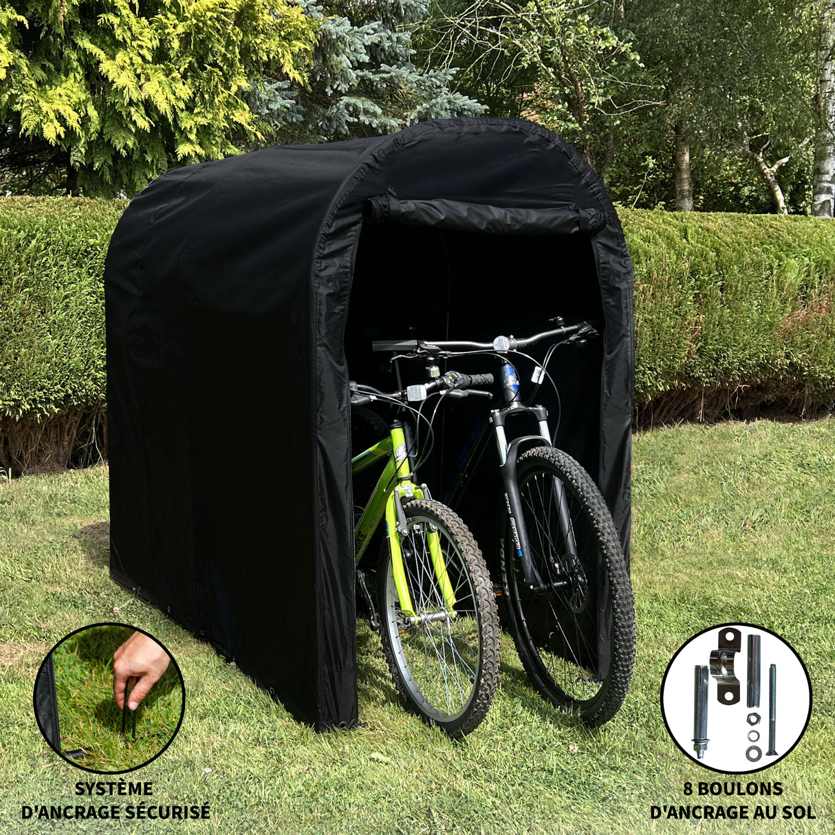 Tente garage noire pour vélo, offrant protection avec un système d'ancrage sécurisé et une structure robuste pour deux vélos