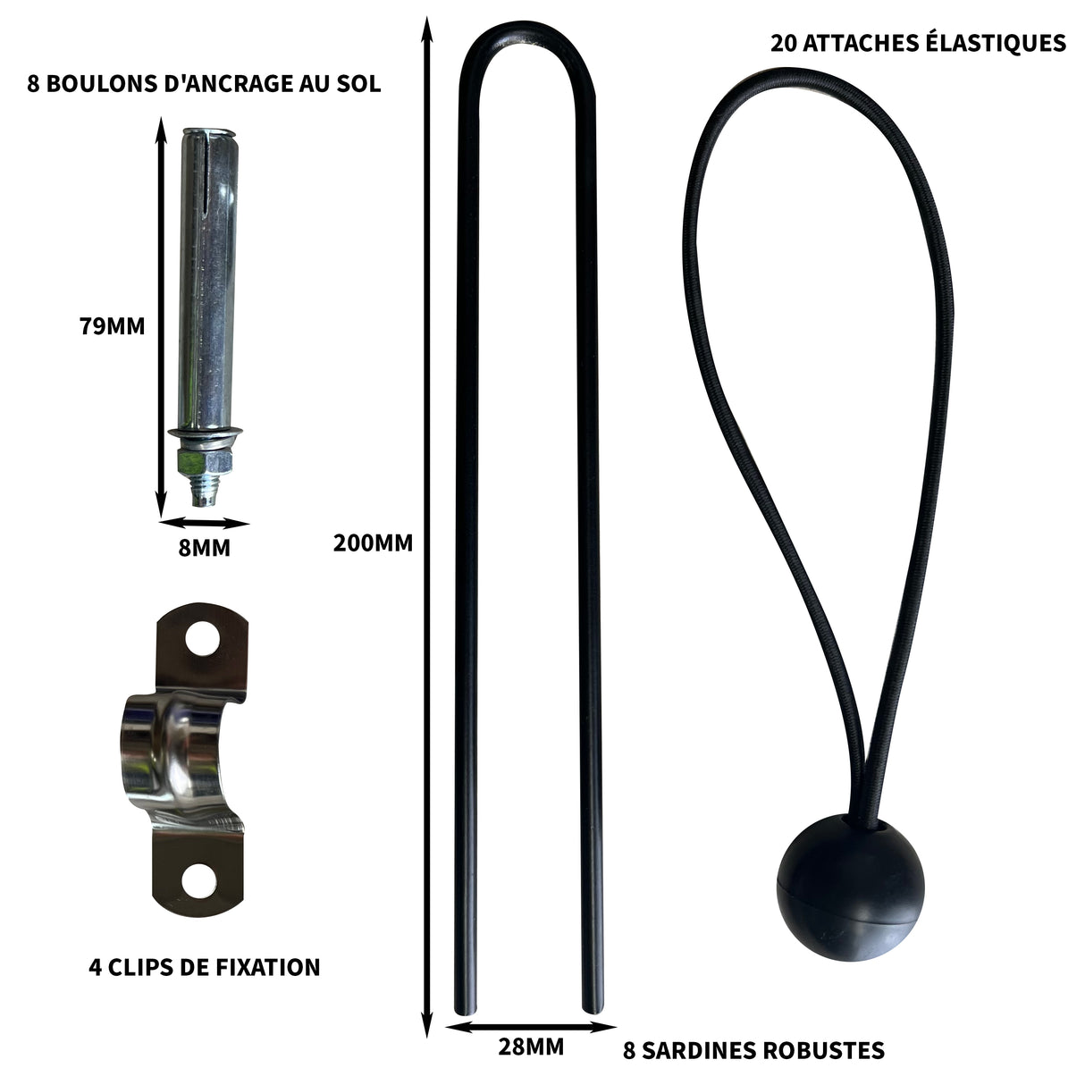 Tente garage XL pour vélo avec accessoires : 8 boulons, 4 clips de fixation, sardines robustes et attaches élastiques pour une installation facile