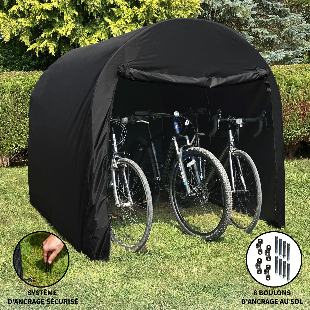 Tente garage XL noire pour vélo, spacieuse avec un design arrondi, offrant une protection contre les intempéries et un système d'ancrage sécurisé