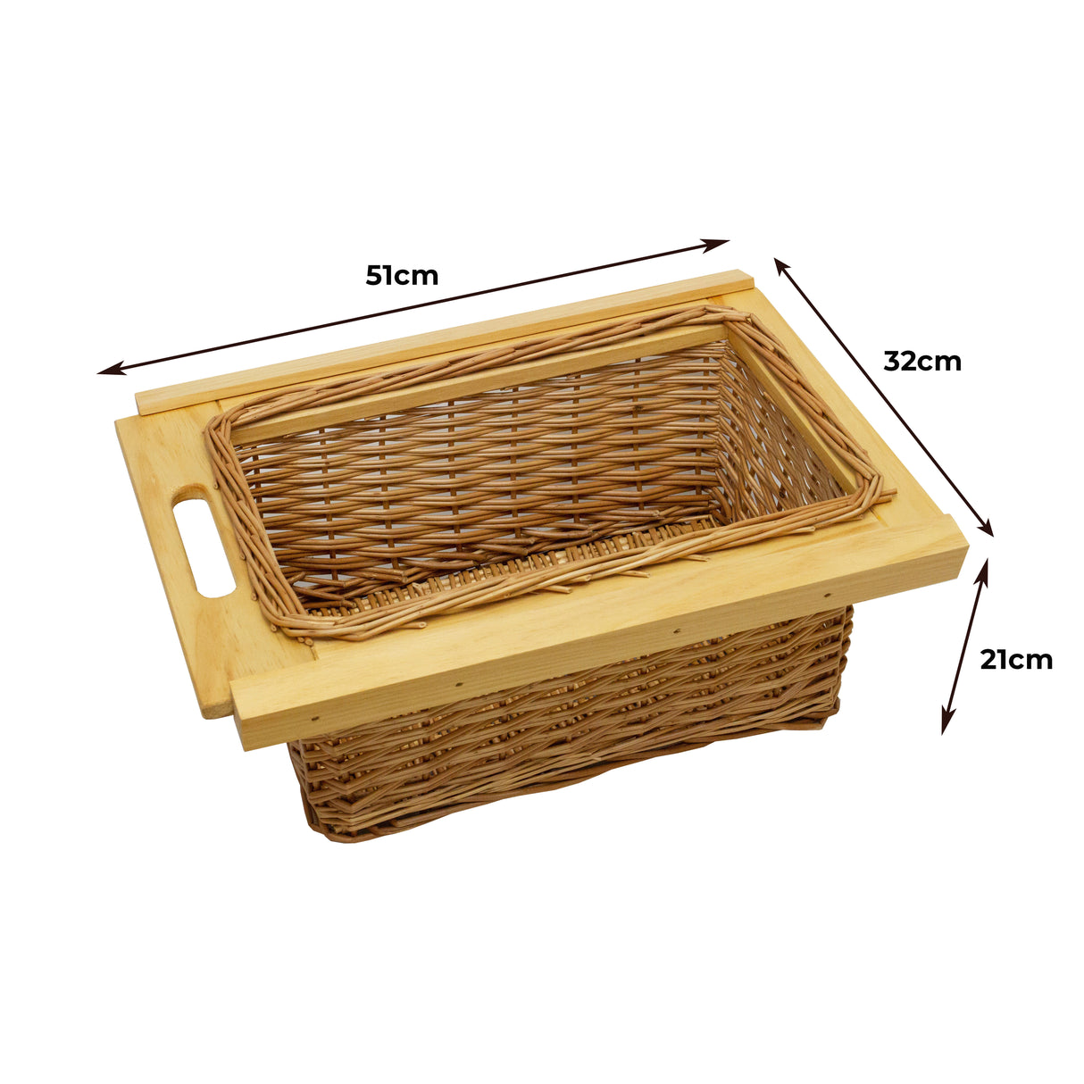 Paniers coulissants en pin de 400 mm, tressés en osier, avec un couvercle en bois, dimensions 51 cm x 32 cm x 21 cm, couleur naturelle