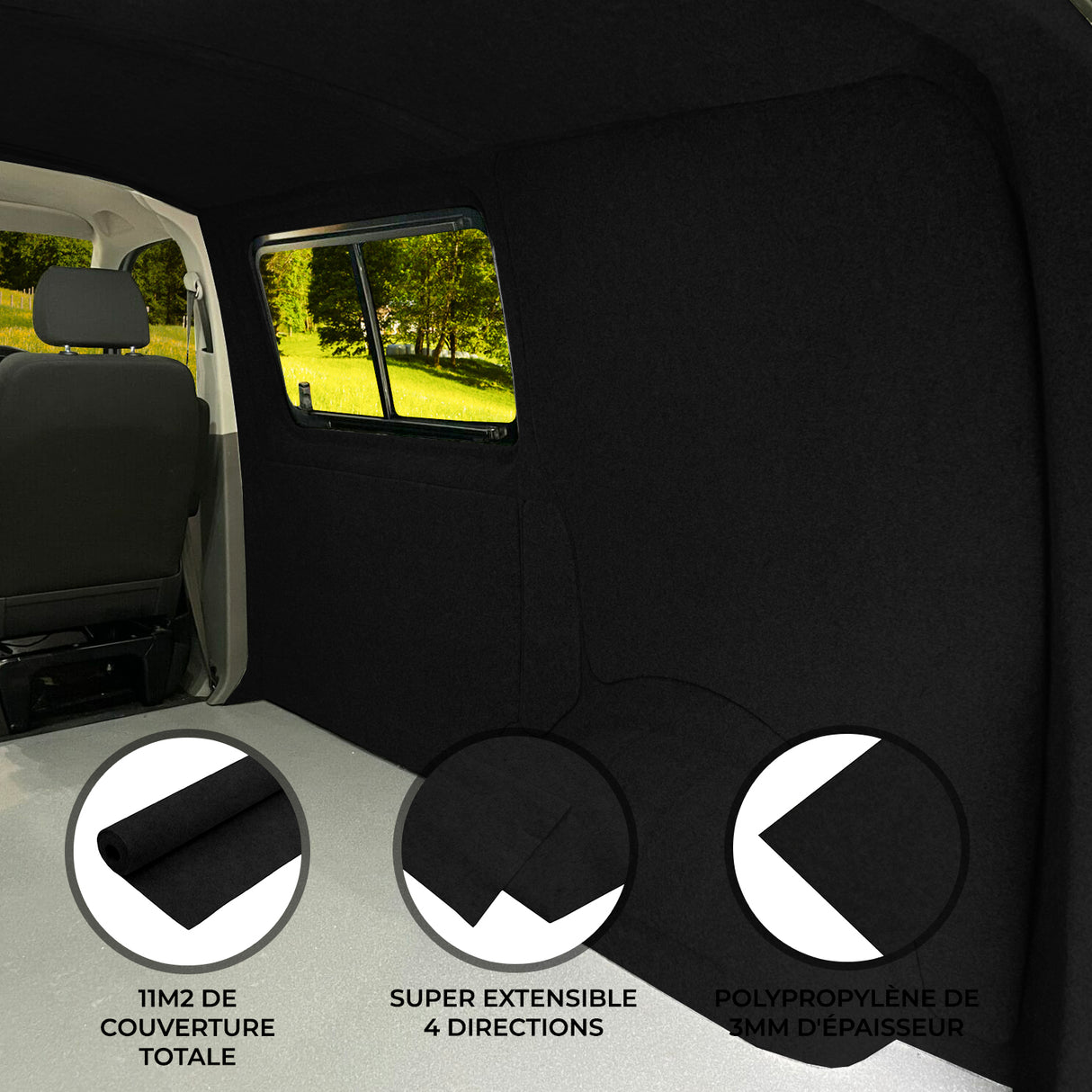 Doublure intérieure noire en polypropylène pour véhicule utilitaire, texture douce, extensible, couvrant 11 m² pour une protection optimale