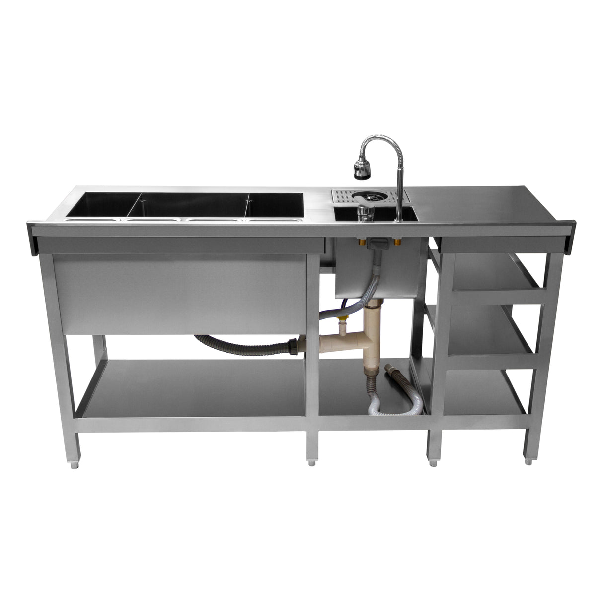 Station de bar à cocktails deluxe en acier inoxydable, avec deux bacs, robinet élégant et étagères ouvertes pour rangement pratique