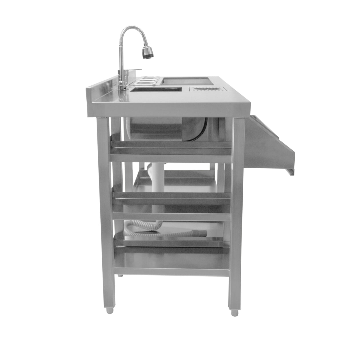 Station de bar à cocktails deluxe en acier inoxydable, avec évier, robinet, et étagères pour un rangement pratique et élégant
