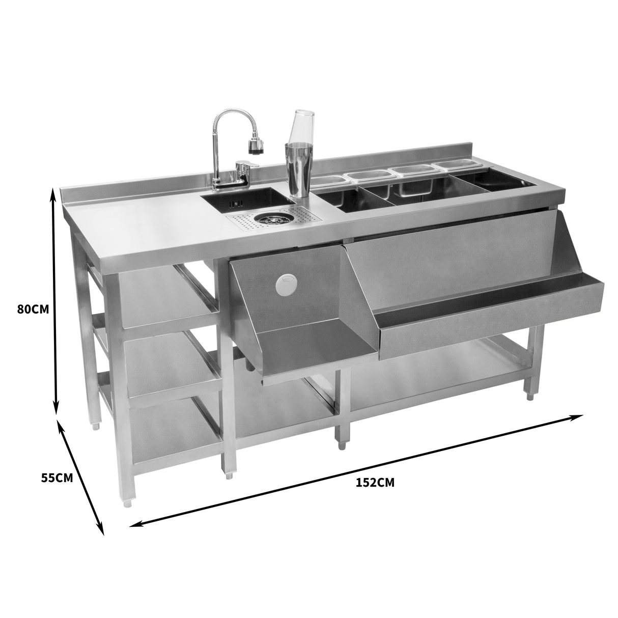 Station de bar à cocktails deluxe en acier inoxydable, avec évier, compartiments pour ingrédients et étagères pratiques, dimensions 152x55x80 cm