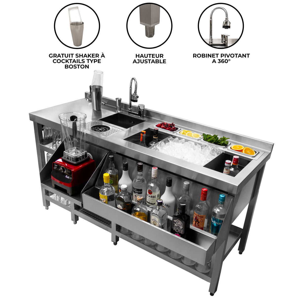 Station de bar à cocktails deluxe en acier inoxydable, avec évier, blender, glace, bouteilles et accessoires pour mixologie