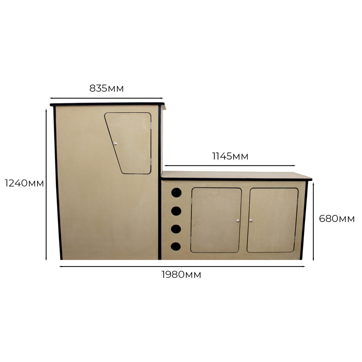 Meuble de cuisine en contreplaqué pour camping-car, couleur beige, avec des dimensions précises et des espaces de rangement pratiques