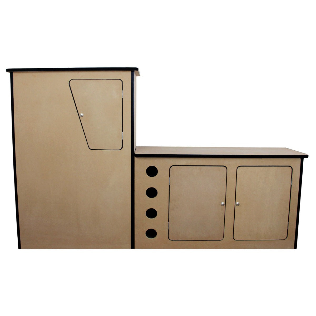 Meuble de cuisine en contreplaqué pour camping-car, couleur bois clair, avec portes et espaces de rangement pratiques, design moderne