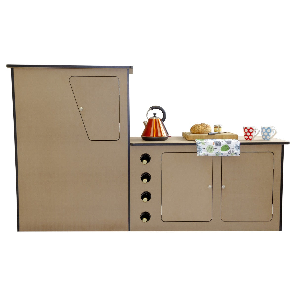 Meuble de cuisine en contreplaqué pour camping-car, couleur bois clair, avec portes, tiroirs et accessoires de cuisine décoratifs