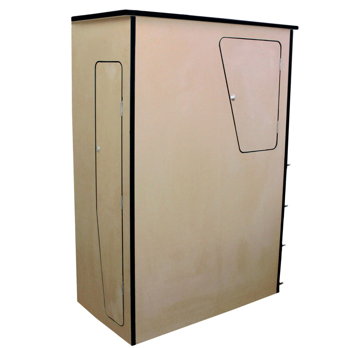 Meuble de cuisine en contreplaqué pour camping-car, couleur beige, avec une porte latérale et des bords noirs, design compact et fonctionnel