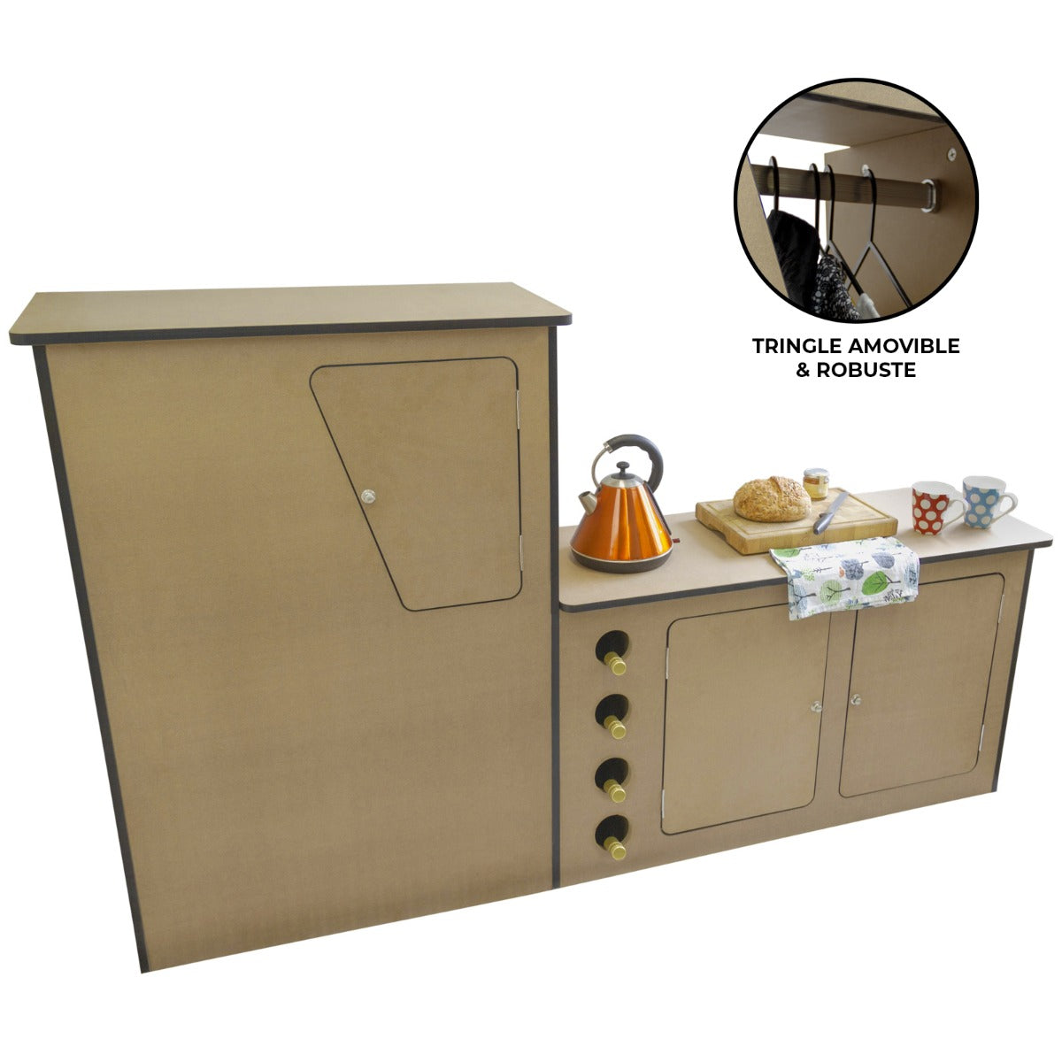 Meuble de cuisine en contreplaqué pour camping-car, couleur beige, avec tiroirs, boutons dorés et tringle amovible pour ustensiles