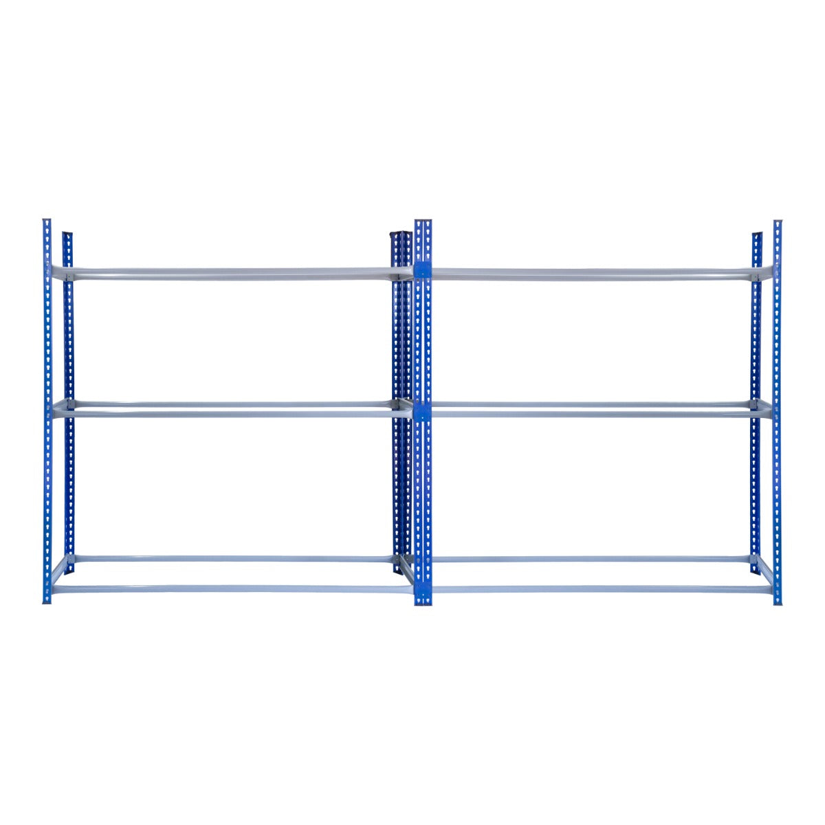 Rayonnages T-Rax en acier bleu, conçus pour le stockage de pneus, avec quatre étagères robustes et une finition lisse et durable