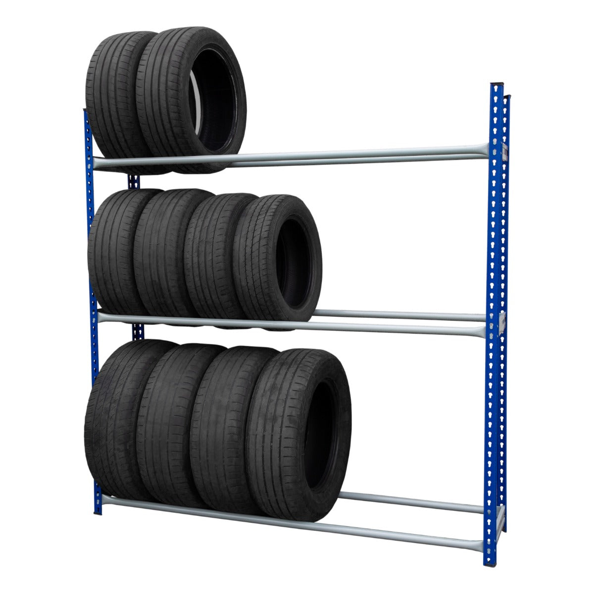 Rayonnage T-Rax en acier bleu avec trois étagères, supportant des pneus noirs, offrant robustesse et organisation pour le stockage