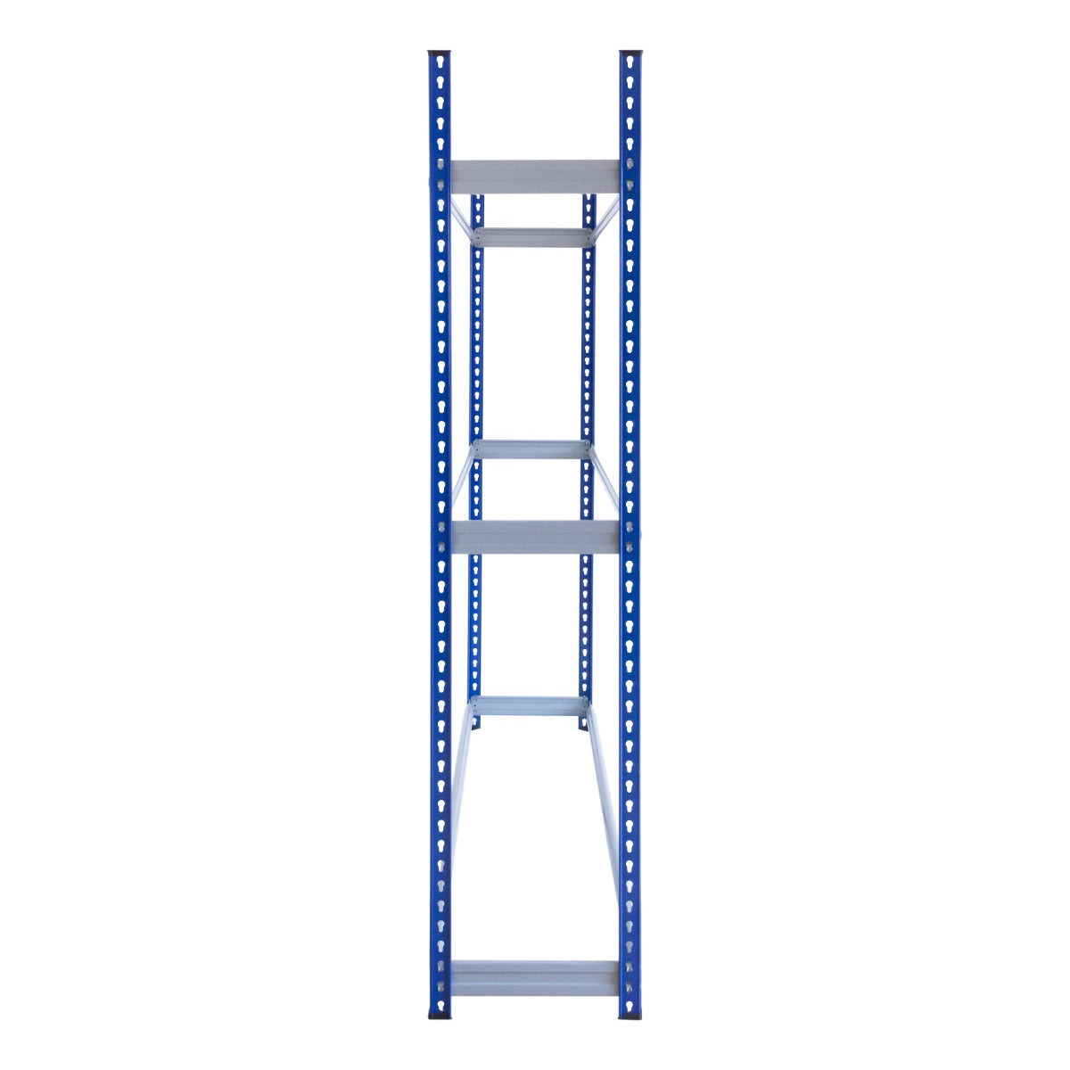 Rayonnage T-Rax en acier bleu avec quatre étagères, conçu pour le stockage de pneus, offrant robustesse et durabilité