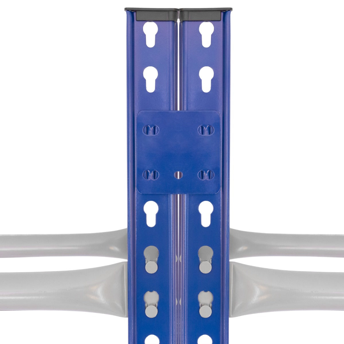 Rayonnage T-Rax en acier bleu avec des perforations, conçu pour le rangement de pneus, offrant robustesse et fonctionnalité
