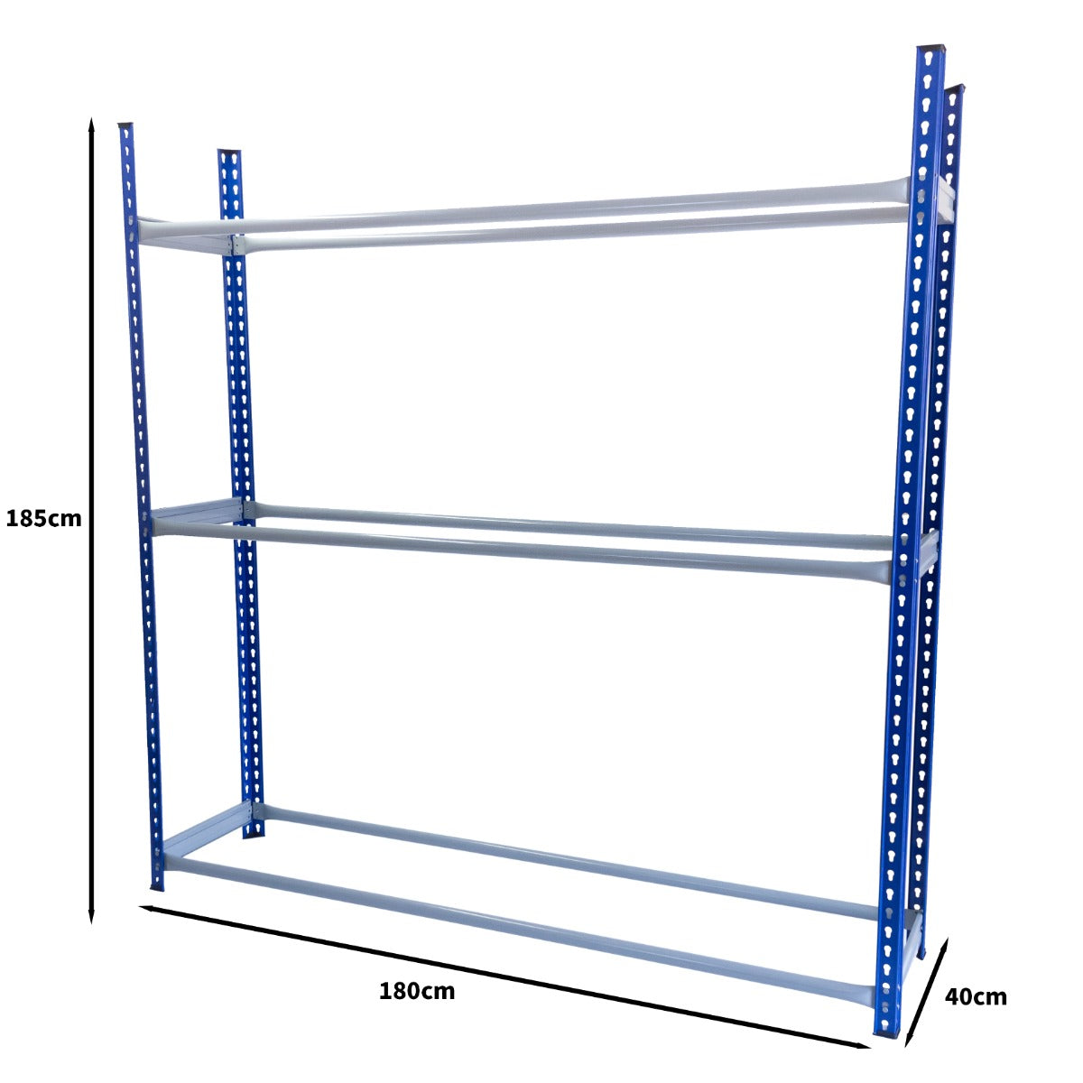 Rayonnage T-Rax en acier bleu, dimensions 185 cm de hauteur, 180 cm de largeur et 40 cm de profondeur, idéal pour le stockage de pneus