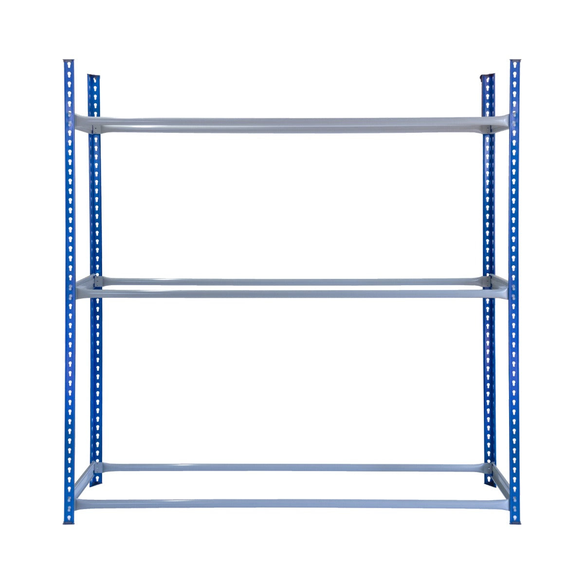Rayonnage T-Rax en acier bleu avec quatre étagères robustes, idéal pour le stockage de pneus et d'objets lourds, finition lisse