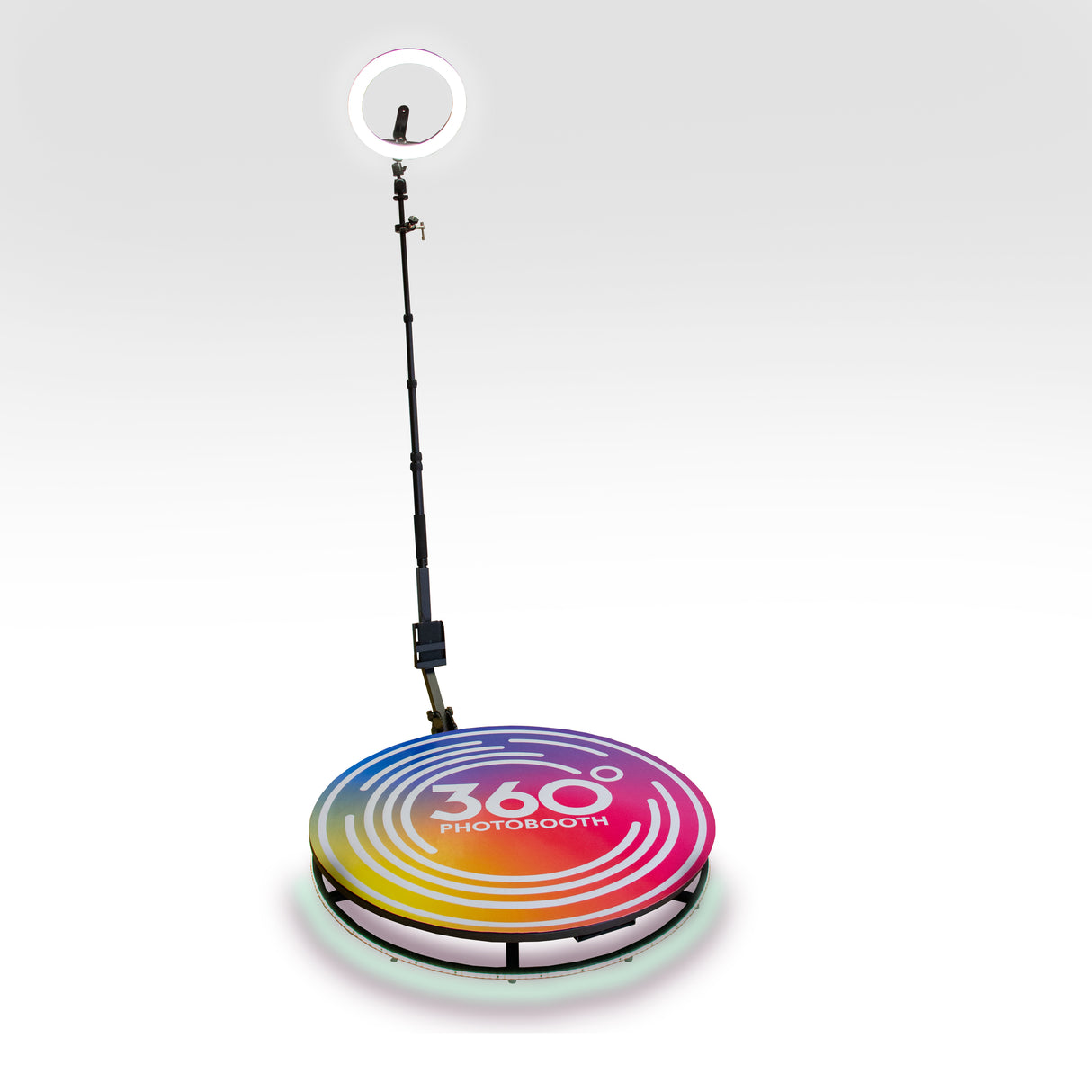 Plateforme à selfies rotatif 360° de 80 cm avec un éclairage LED circulaire et un design coloré en dégradé de rose, bleu et jaune