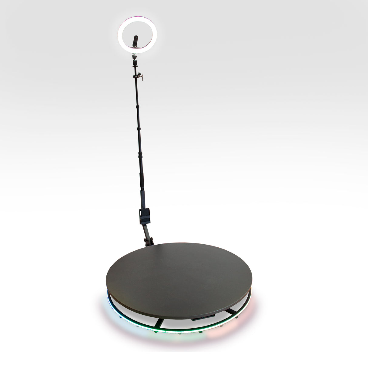 Plateforme à selfies rotatif 360° de 100 cm avec un éclairage LED coloré et un support pour smartphone, finition noire élégante