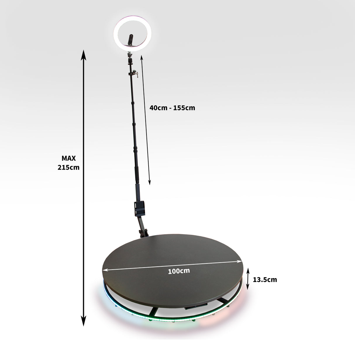 Plateforme à selfies rotatif 360° de 100 cm avec éclairage LED coloré, trépied ajustable et support pour smartphone, finition noire satinée