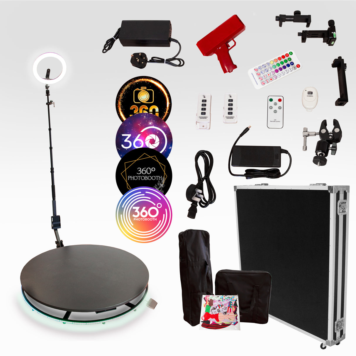 Plateforme à selfies rotatif 360° de 100 cm, avec accessoires variés, éclairage LED, et trépied ajustable, sur fond neutre