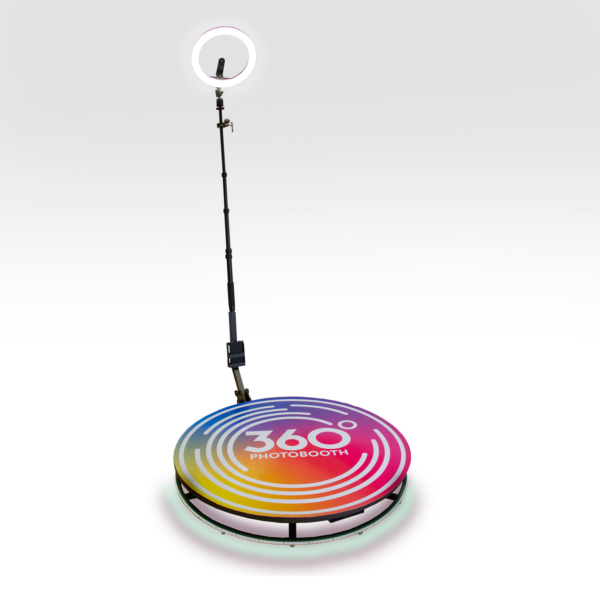 Plateforme à selfies rotatif 360° avec un design coloré en dégradé, support pour téléphone et anneau lumineux en haut