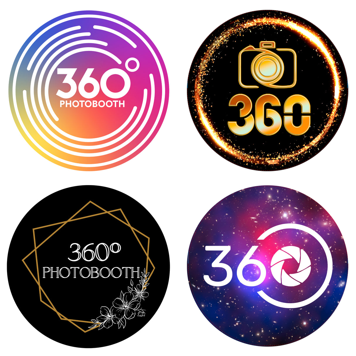 Quatre logos colorés pour une plateforme à selfies rotatif 360°, avec des motifs variés et des effets lumineux sur fond noir et coloré