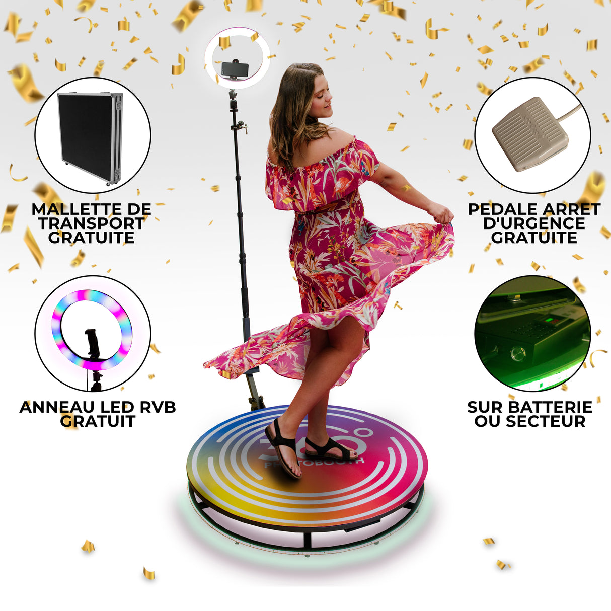 Plateforme à selfies rotatif 360° avec une femme en robe colorée, éclairage LED, et accessoires, sur fond festif avec confettis