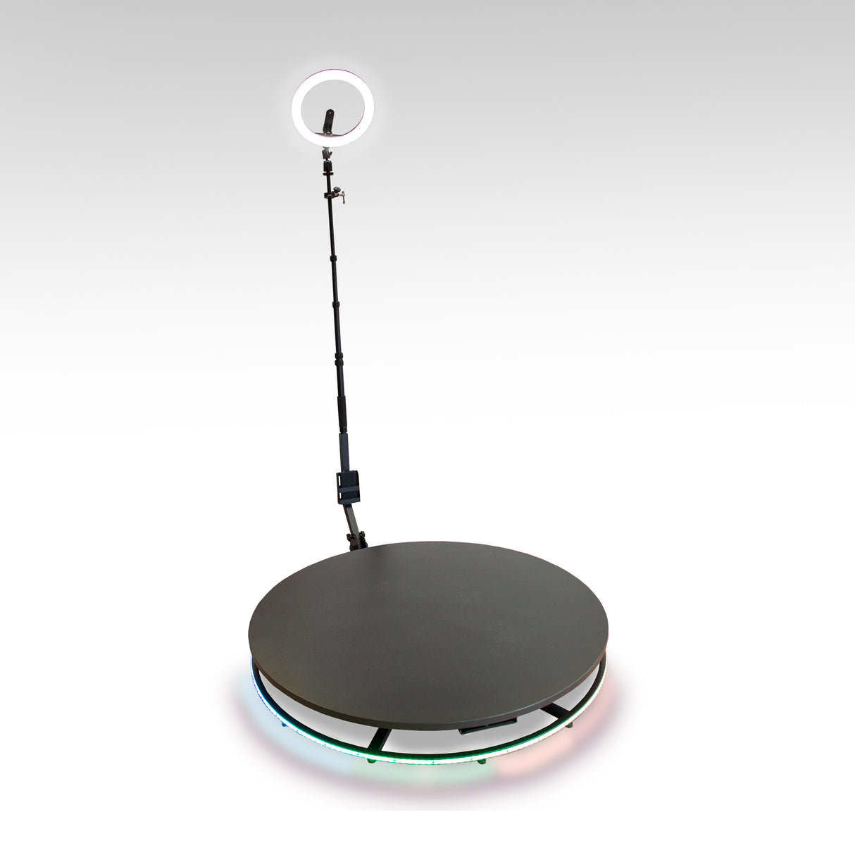 Plateforme à selfies rotatif 360° de 115 cm avec éclairage LED coloré et support pour smartphone, surface noire lisse et moderne