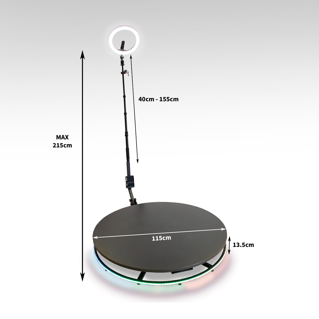 Plateforme à selfies rotatif 360° de 115 cm avec éclairage LED coloré, support réglable et texture lisse pour des photos parfaites