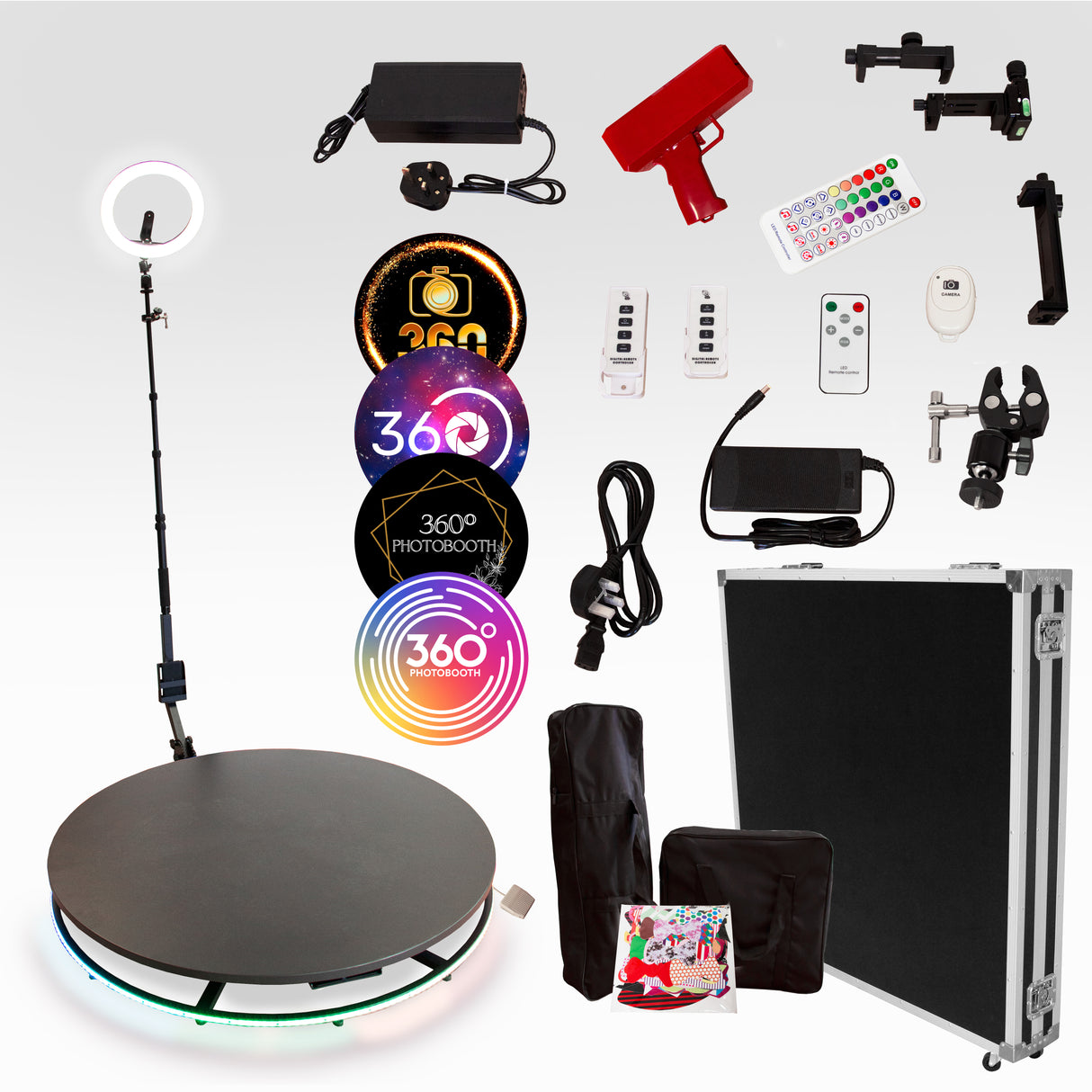 Plateforme à selfies rotatif 360° de 115 cm avec accessoires, éclairage LED, télécommandes et trépied, finition noire élégante