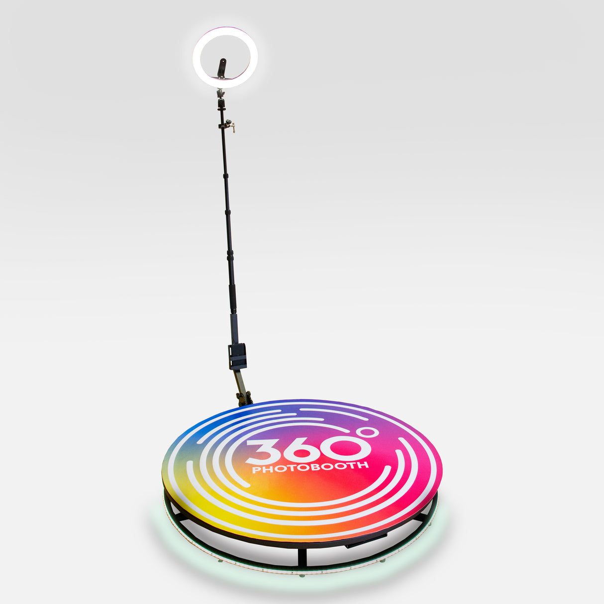 Plateforme à selfies rotatif 360° avec un design coloré en dégradé, éclairage LED et support pour smartphone, idéale pour événements
