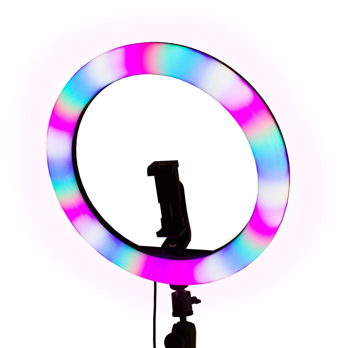 Plateforme à selfies rotatif 360° avec un anneau lumineux coloré, support noir et trépied, idéal pour des photos créatives