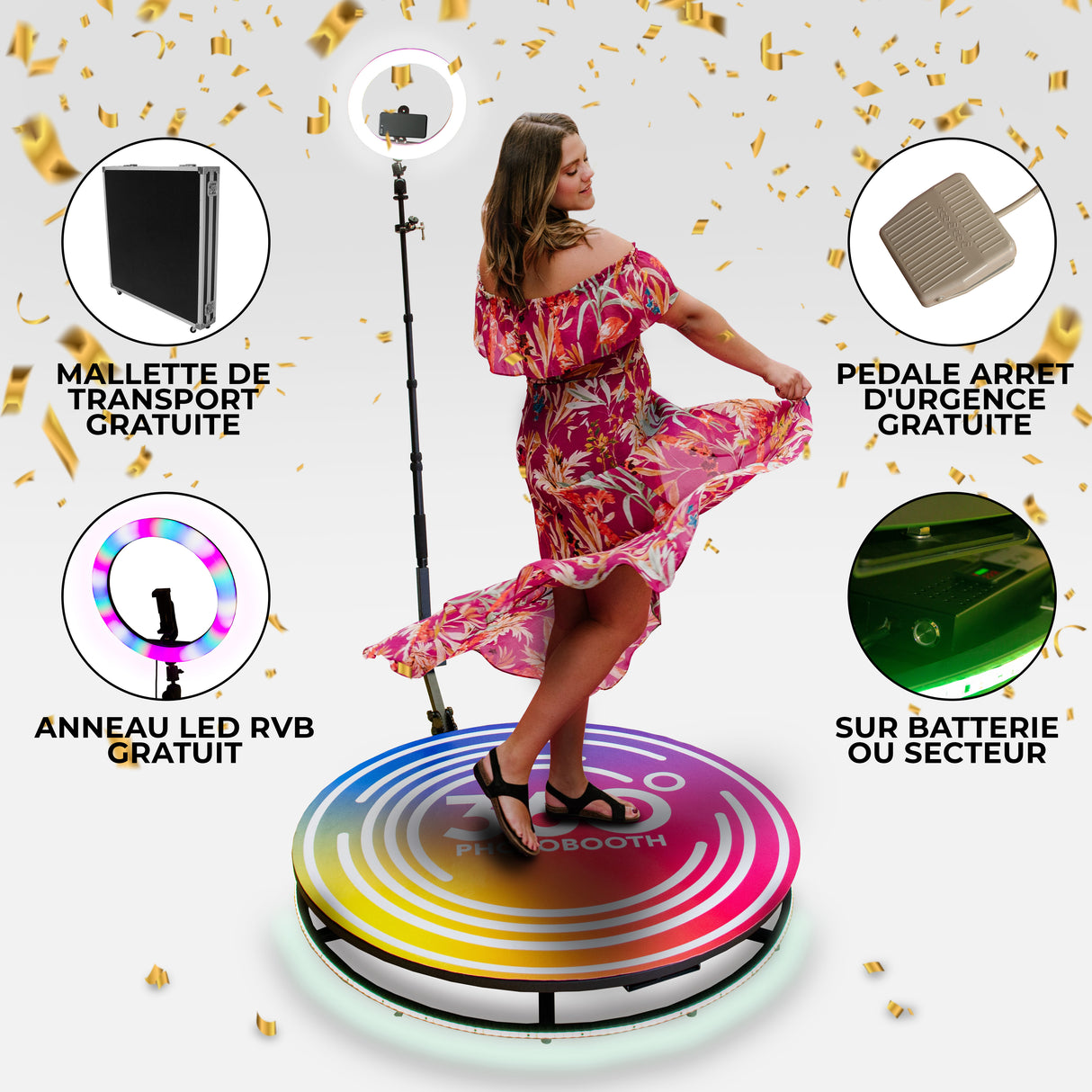Plateforme à selfies rotatif 360° avec accessoires, femme en robe colorée dansant, fond festif avec confettis dorés