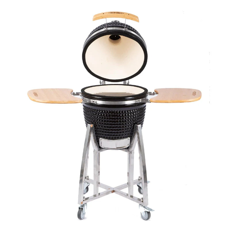 Barbecue au charbon de bois Kamado noir de 53,3 cm avec couvercle ouvert, tablettes en bois et structure en acier inoxydable