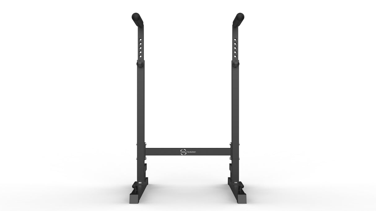 Parallettes Dip Bars XL en métal noir, avec poignées en caoutchouc, conçues pour des exercices de force et de stabilité, structure robuste et réglable