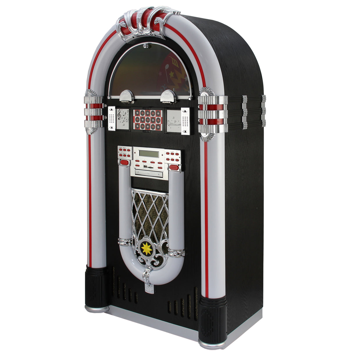Juke-box rétro noir et argent avec écran, boutons, porte-CD, tourne-disques et connectivité Bluetooth, style vintage élégant