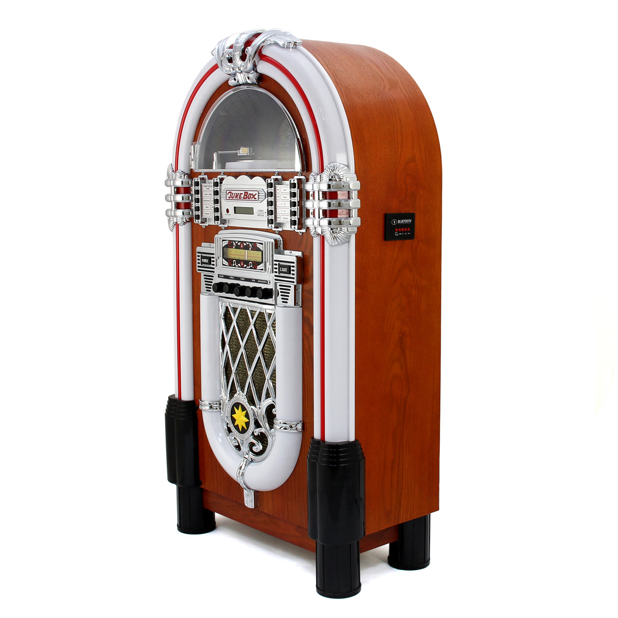 Juke-box rétro en bois brun avec accents chromés, affichage lumineux, lecteur CD et connectivité Bluetooth, design vintage élégant