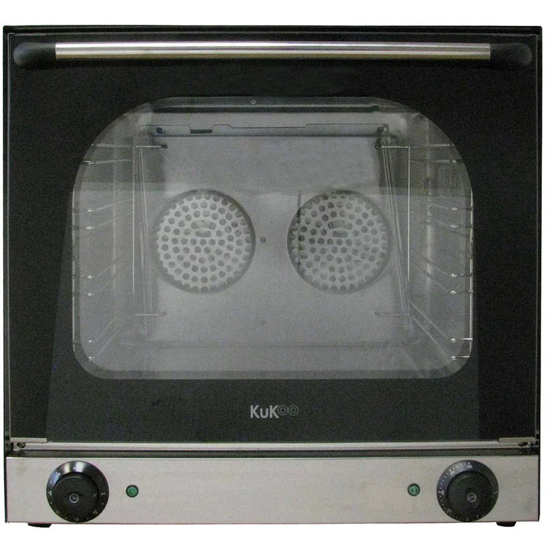 Four à convection KuKoo de 60 cm avec double ventilateur, façade en verre noir, boutons en acier inoxydable, design moderne et épuré