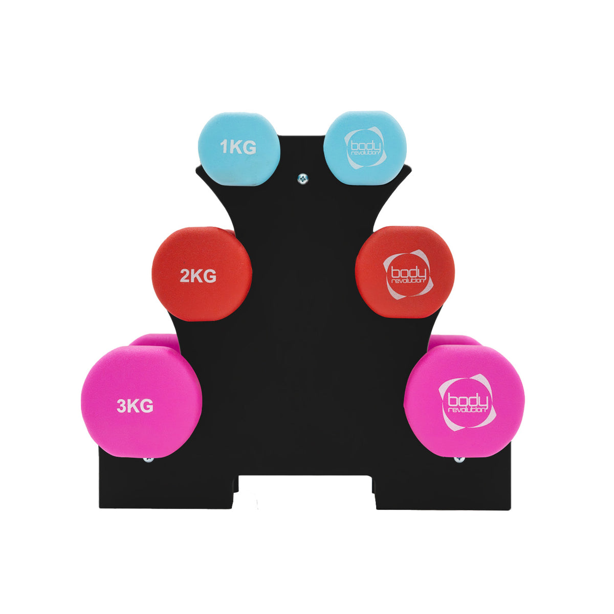 Haltères colorés sur un support noir, avec des poids de 1 kg (bleu), 2 kg (rouge), et 3 kg (rose), offrant une variété pour l'entraînement