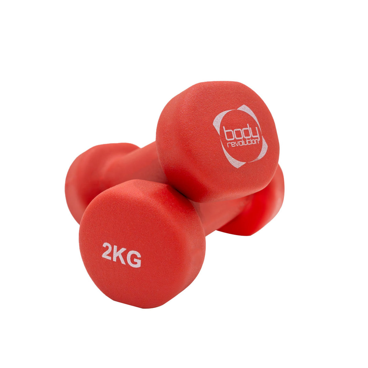 Haltères rouges de 2 kg en caoutchouc, avec une texture lisse et un logo blanc, parfaits pour l'entraînement à domicile ou en salle de sport