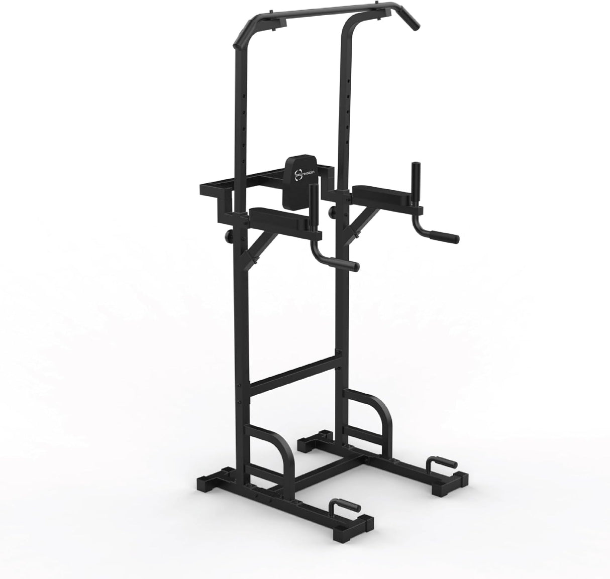 Tour de puissance renforcée en métal noir, structure robuste avec barres pour tractions et dips, design moderne et fonctionnel