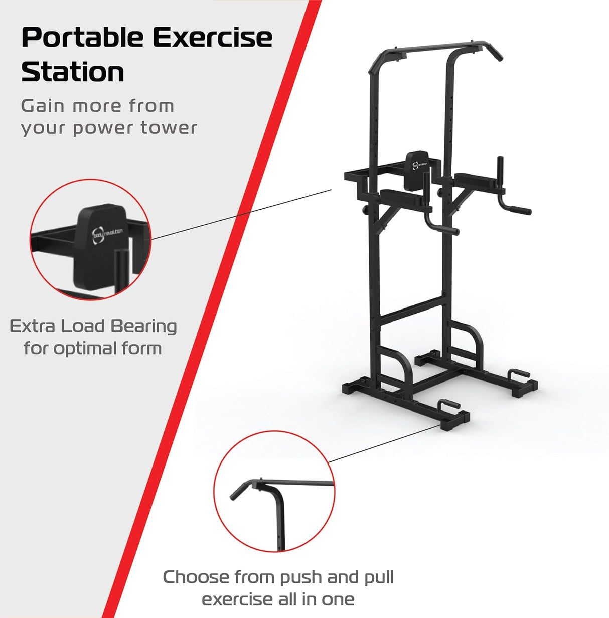 Station d'exercice portable en métal noir, avec barres pour pompes et tractions, conçue pour un entraînement complet et optimal