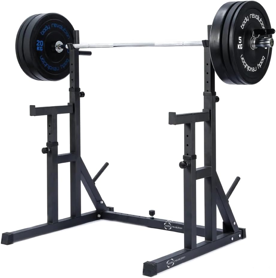 Rack à squat robuste en acier noir avec barre et poids, conçu pour l'entraînement de force, offrant stabilité et sécurité
