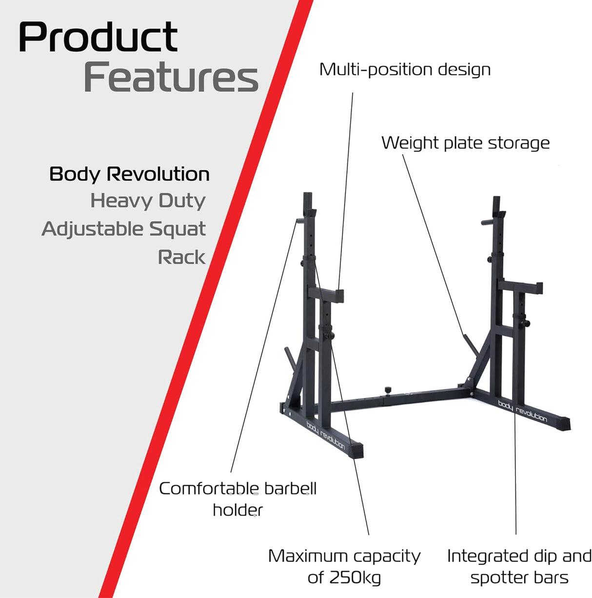 Rack à squat robuste en acier noir, design multi-positions, supports pour barres et rangement pour poids, capacité de 250 kg