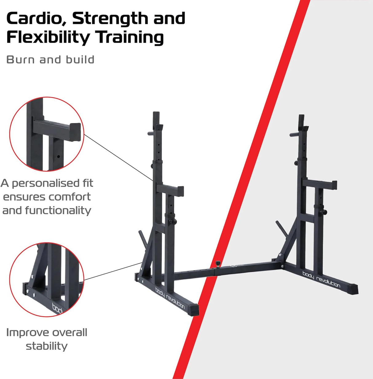 Rack à squat noir robuste avec des supports réglables, conçu pour un entraînement de force et de flexibilité, offrant stabilité et confort