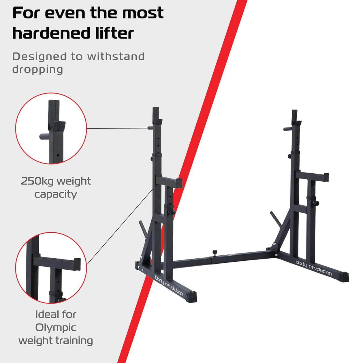 Rack à squat robuste en acier noir, conçu pour supporter jusqu'à 250 kg, idéal pour l'entraînement olympique et la musculation